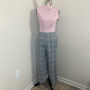 Women’s Pink Ribbed Sleeveless Top and Grey Pink Plaid Straight Cut Pantsuit